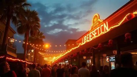 Evening street scene with palm trees, crowds of people, and warm string lights along storefronts.