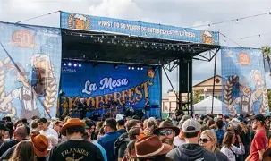 Outdoor music festival stage with a blue banner, seen from behind a crowd wearing hats and jackets.