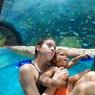Two kids floating in a tube viewing an aquarium